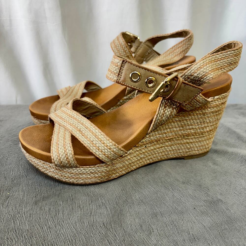 Stitch Fix MIA Luccy Woven Wedge Sandal Tan US 8 4" Heel Adj Strap X-Cross Vegan